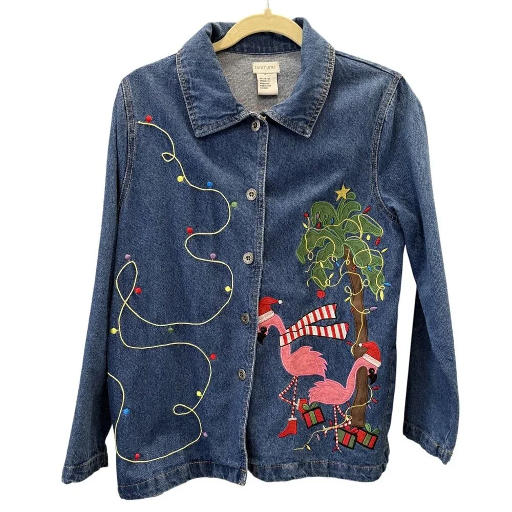 Tantrums Womens Denim Jacket Embroidered Flamingos Tree Holiday Lights S - Picture 1 of 6